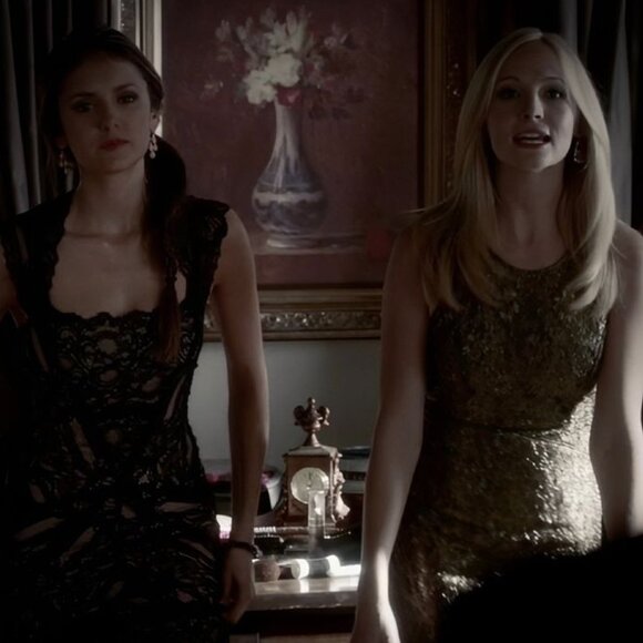 ASO CAROLINE FORBES THE VAMPIRE DIARIES TVD Dress Gold Lace Dress RARE - Picture 7 of 12